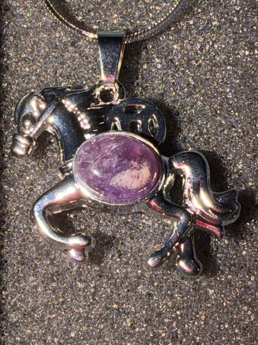 Silver Horse Pendant with Amethyst stone (stainless steel)